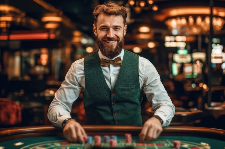 hoki77 login live blackjack table studio showing multi-camera feed and dealer at card table